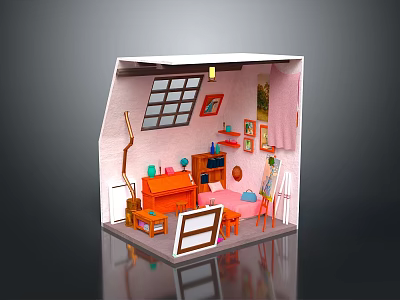 Colorful Furniture In Miniature Room With Piano Bookshelf Chair Table And Easel 3d model
