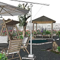 Garden Landscape Design With Outdoor Dining Set Umbrella Gazebo And Green Plants