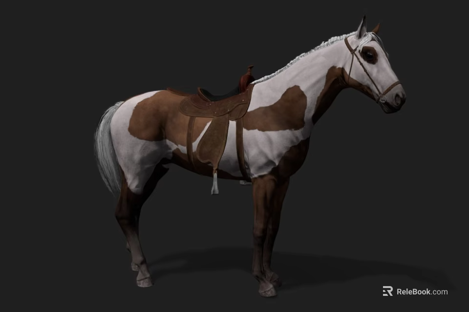 Brown And White Horse With Saddle Standing In Studio Setting 3d model 