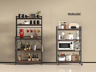 Kitchen Shelving Unit with Wood Metal Frame Organizing Cooking Supplies Microwave Pots Bottles Cups 3d model