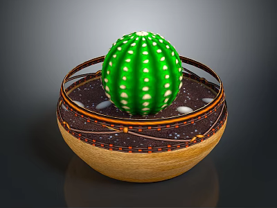 Green Cactus With White Spots Placed In Bowl Shaped Pot With Brown Decoration And Soil 3d model