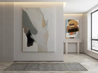 Modern Interior With Large Abstract Painting Circular Artwork Perforated Wall And Gray Rug 3d model