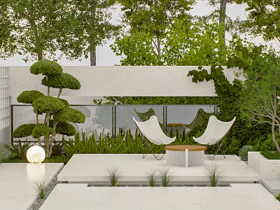 Outdoor Modern Courtyard Table and Chair Set With White Chairs Round Table and Greenery 3d model