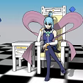 Game Character with Light Blue Hair Pink Wings sitting on Chair Blue Cubes Checkered Floor