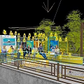 Group Sitting on Yellow Bench with Green Trees Blue Display Boards at New City University