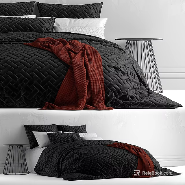 Modern Double Bed In Bedroom With Black Diamond Pattern Quilt And Red Blanket 3d model 