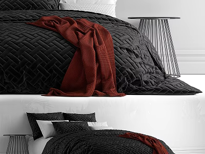 Modern Double Bed In Bedroom With Black Diamond Pattern Quilt And Red Blanket 3d model