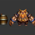 Cartoon Orange Horned Warrior Character With Decorative Armor And Wooden Barrel