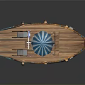 Wooden Boat Model With Blue Umbrella Deck Cabin And Flag Structure