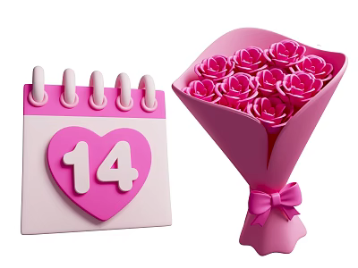 Floral Display With Pink Rose Bouquet Heart Shaped 14th Calendar Bow And Wrapping Paper 3d model