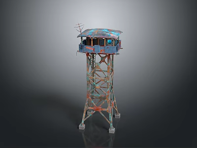 Scenic View Of Rusty Metal Watchtower With Cabin Top And Antenna Against Gray Sky 3d model