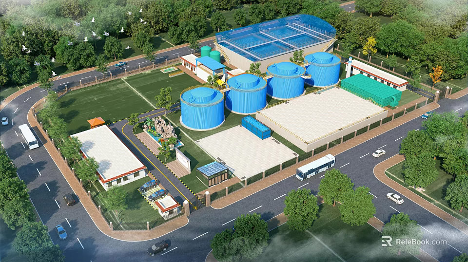 Industrial Plant With Blue Water Tanks Green Roof Surrounding Trees And Road With Vehicles 3d model 