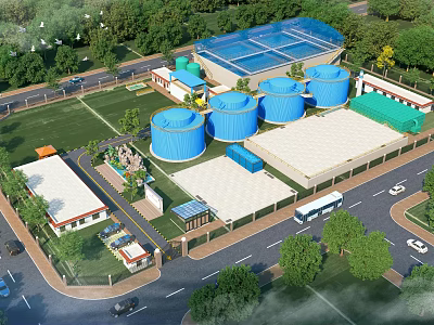 Industrial Plant With Blue Water Tanks Green Roof Surrounding Trees And Road With Vehicles 3d model