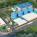 Industrial Plant With Blue Water Tanks Green Roof Surrounding Trees And Road With Vehicles
