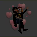 Man Holding Woman With Pink Hearts Waving In Gray Background Reflection
