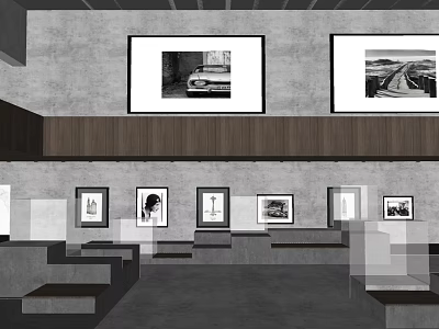 Modern Cultural Center Interior With Artworks On Gray Walls And Wooden Accents 3d model