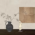 Elegant Vase With Berry Branches And White Statue By Beige Brown Wall