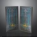 Two Decorative Doors With Blue Gold Eagle Motifs And Intricate Geometric Patterns 3d model