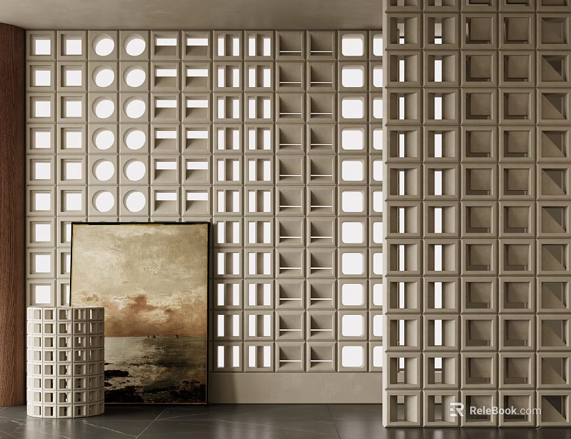 Modern Interior Room Divider With Circular And Square Openings And Cylindrical Decor Near Painting 3d model 