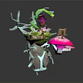 Stylish Modern Interior Decor With Small Floating Green Island And Pink Ornamental Trees