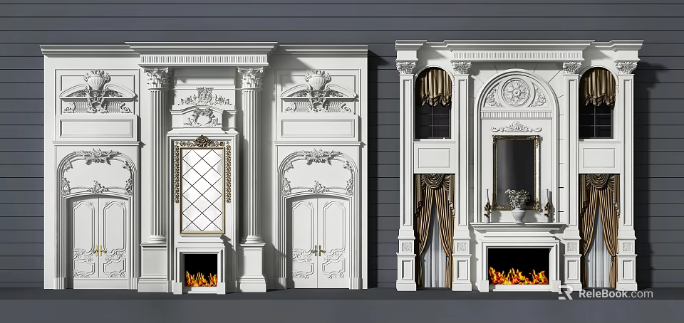 Classical White Wall Design With Ornate Carvings Fireplace Mirrors And Decorative Columns 3d model 