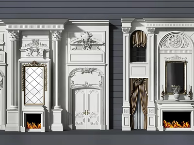 Classical White Wall Design With Ornate Carvings Fireplace Mirrors And Decorative Columns 3d model