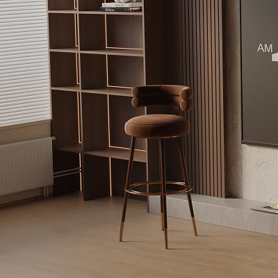 Brown Velvet Bar Stool With Gold Metal Legs In Modern Living Room With Wooden Shelves 3d model