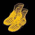 Black Boots with Black Shoelaces Dark Soles White Logo On Upper Against Red Background
