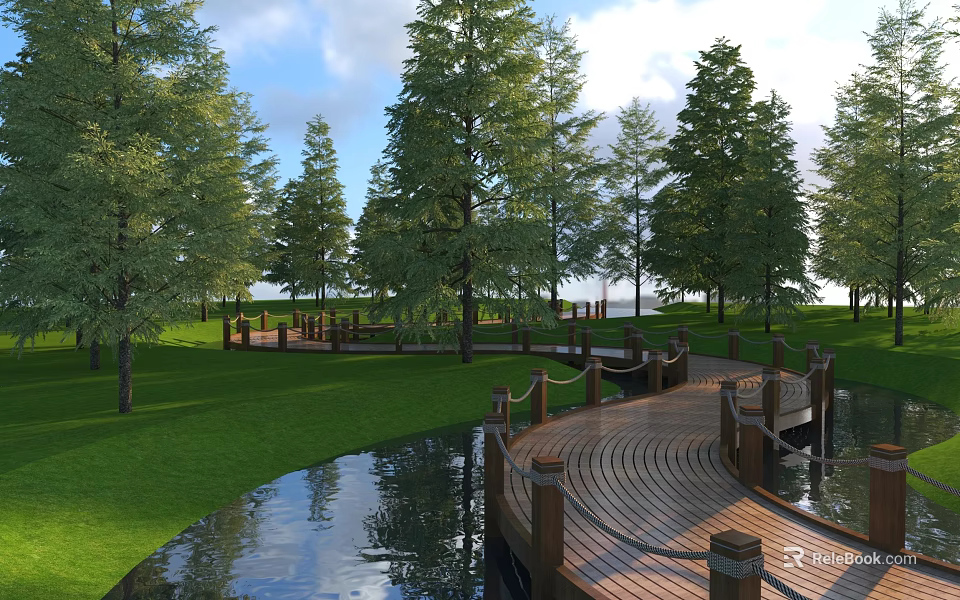 Scenic Wooden Boardwalk Path With Railings Surrounded By Green Trees Grassland And Calm Water 3d model 