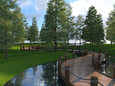 Scenic Wooden Boardwalk Path With Railings Surrounded By Green Trees Grassland And Calm Water 3d model