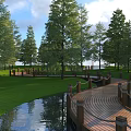 Scenic Wooden Boardwalk Path With Railings Surrounded By Green Trees Grassland And Calm Water