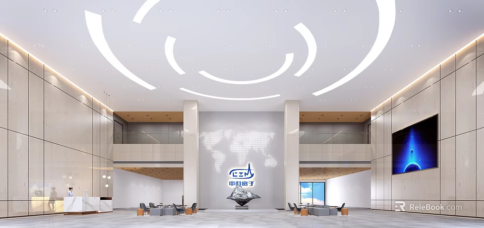 Modern Office Front Desk Reception With Elegant Lighting Design And Company Logo 3d model 