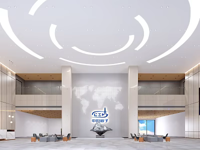 Modern Office Front Desk Reception With Elegant Lighting Design And Company Logo 3d model