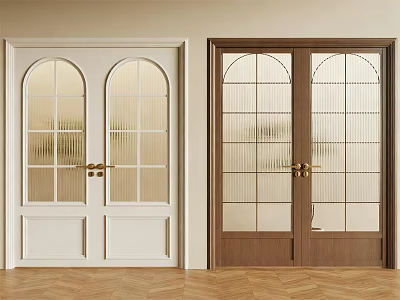 White And Brown Double Doors With Glass Panels And Golden Handles In Light Room 3d model