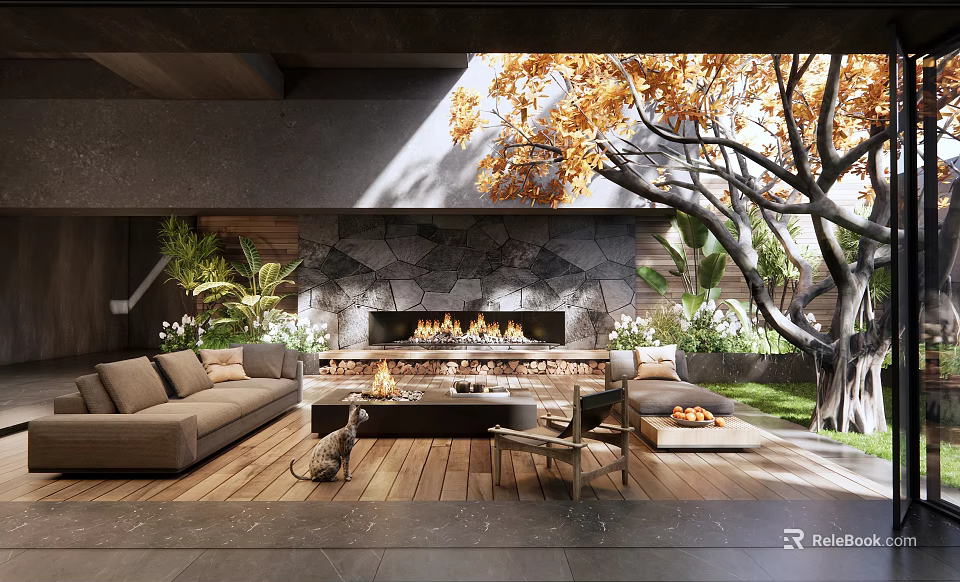 Courtyard Garden With Stone Fireplace Burning Fire Wooden Flooring Sofa And Green Plants 3d model 