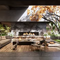 Courtyard Garden With Stone Fireplace Burning Fire Wooden Flooring Sofa And Green Plants