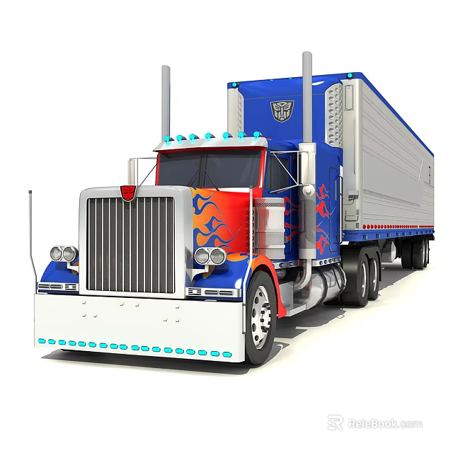 Functional Semi Truck With Blue Red Silver Exterior Flame Decals Front Logo And Cargo Container 3d model 