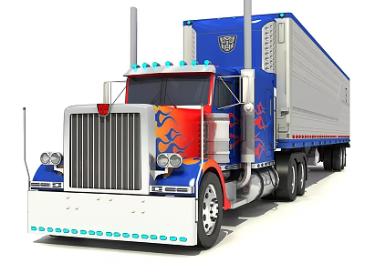Functional Semi Truck With Blue Red Silver Exterior Flame Decals Front Logo And Cargo Container 3d model