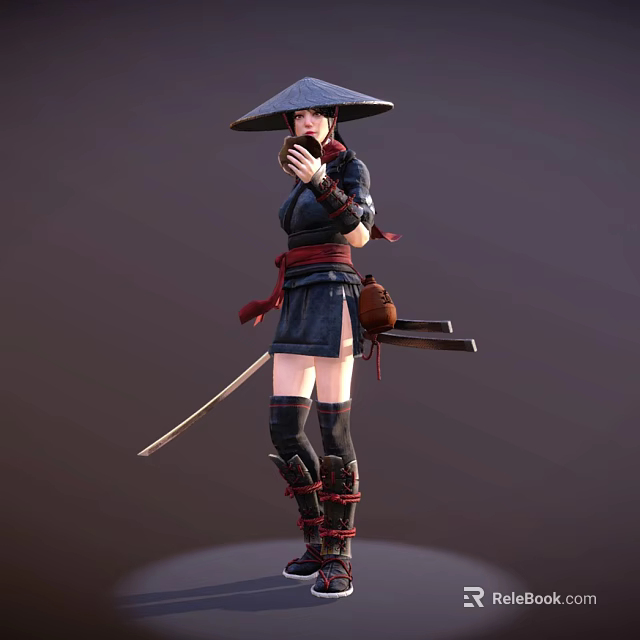 Female Warrior With Conical Hat Holding Sword In Traditional Outfit And Leg Wraps Sheath 3d model 