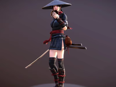 Female Warrior With Conical Hat Holding Sword In Traditional Outfit And Leg Wraps Sheath 3d model