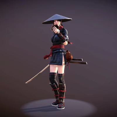 Female Warrior With Conical Hat Holding Sword In Traditional Outfit And Leg Wraps Sheath 3d model