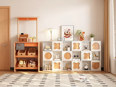 Orange and White Decorative Cabinets with Animal Shaped Shelves Decorations Ornaments and Plants 3d model
