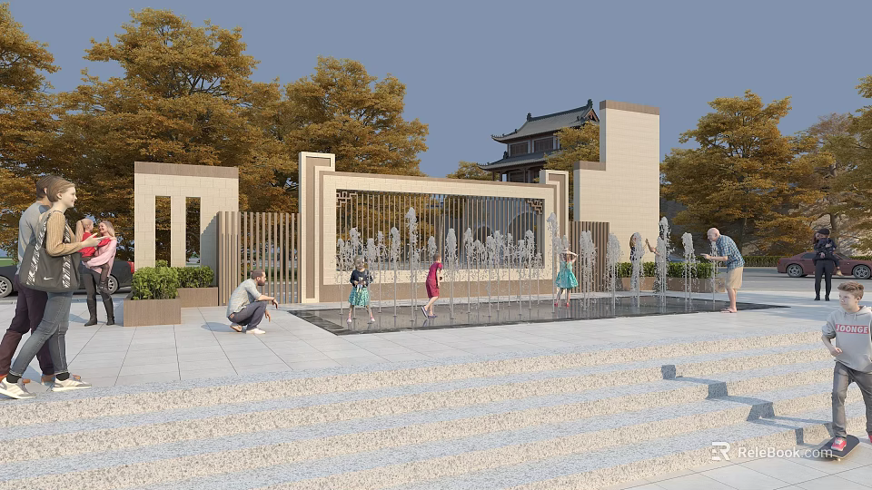 Outdoor Public Square Water Fountain With Stone Steps Children Playing And Traditional Architecture 3d model 
