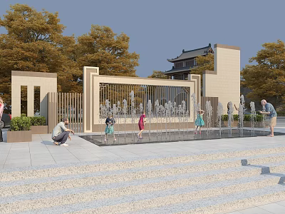 Outdoor Public Square Water Fountain With Stone Steps Children Playing And Traditional Architecture 3d model