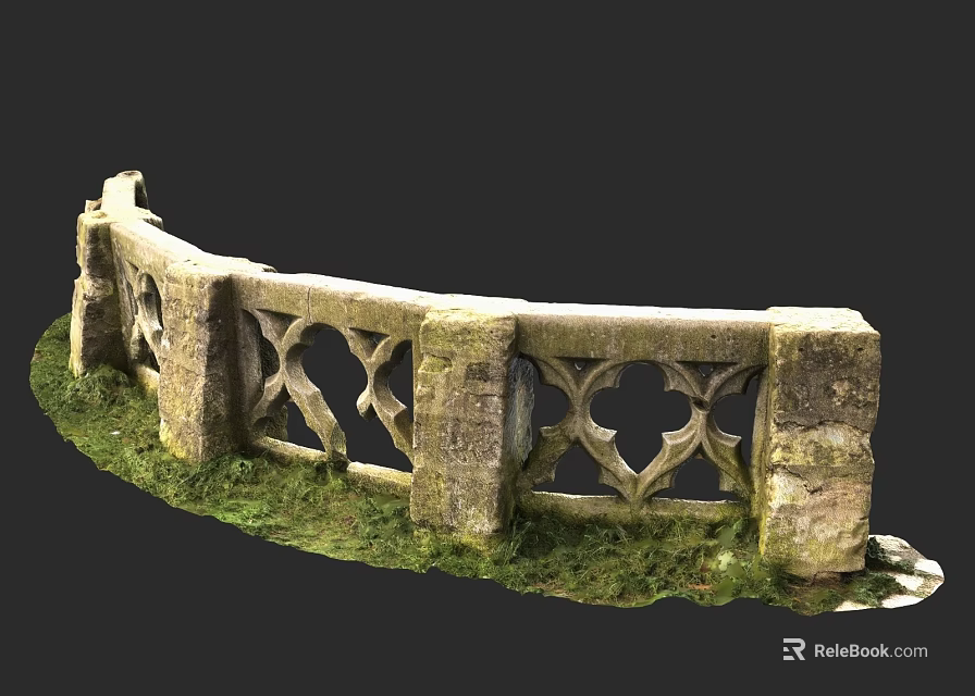 Ancient Stone Fence With Intricate Carvings And Green Grass In Garden 3d model 