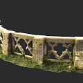 Ancient Stone Fence With Intricate Carvings And Green Grass In Garden