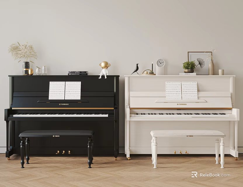 Elegant Living Room With Black And White Upright Pianos And Decor 3d model 