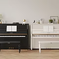 Elegant Living Room With Black And White Upright Pianos And Decor