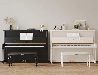 Elegant Living Room With Black And White Upright Pianos And Decor 3d model