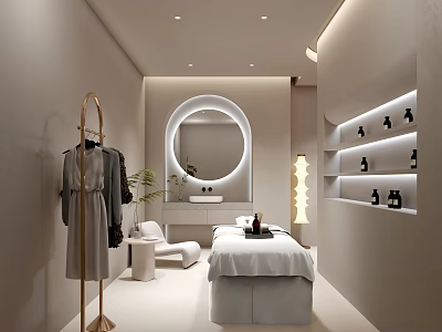 Elegant Beauty Salon Interior With Round Mirror Massage Bed Vanity Table And Illuminated Shelves 3d model